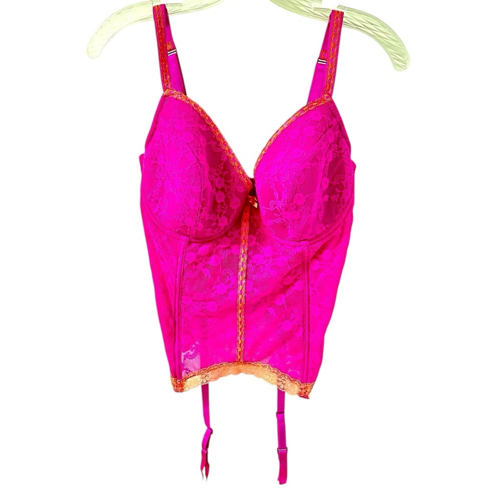 Sorbet Boutique Neon Pink Lace Bustier Teddy Corset with Garters US Size 36D/E